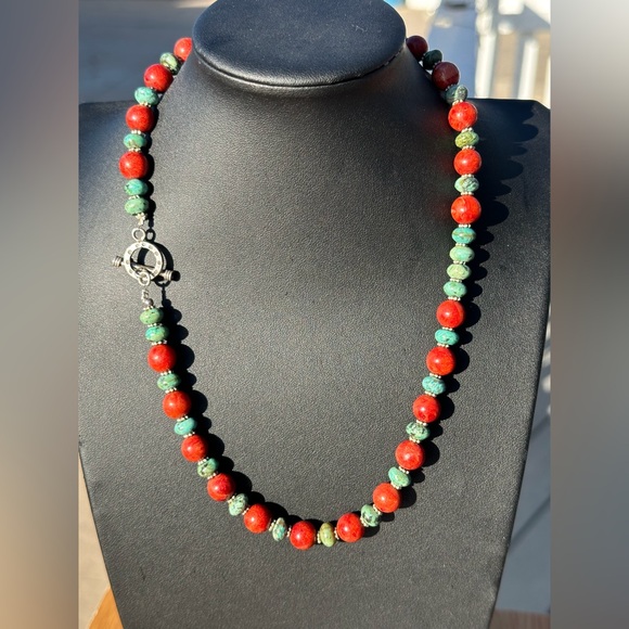 Turquoise and Coral Bead Necklace 925 19” - Picture 2 of 6